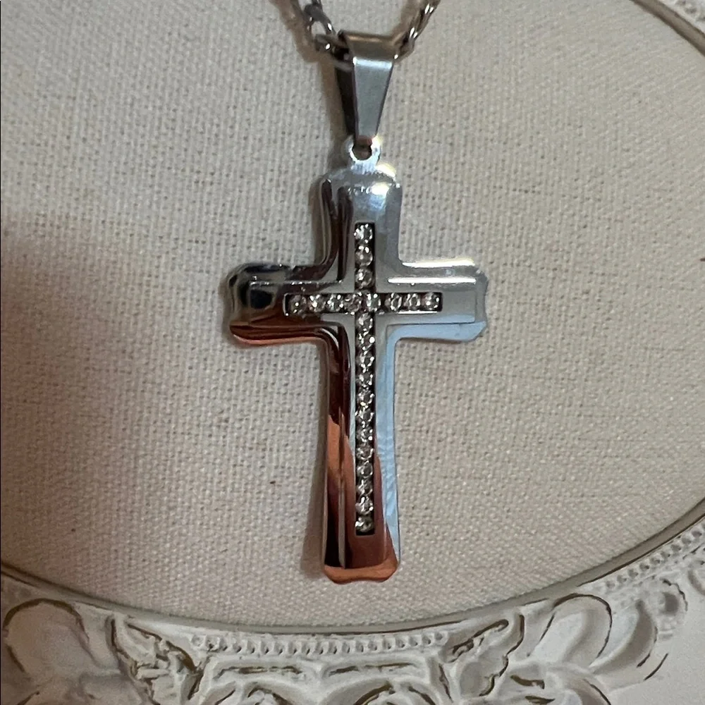NEW 1/10 Ct Diamond Accent + 18KP White Gold & Stainless Steel Cross Necklace